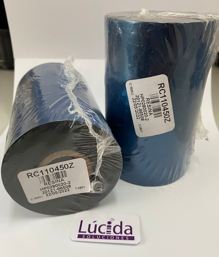 RIBBON IMPRESIÓN ETIQUETAS BASE RESINA NEGRO OUT 110MM X 450 METROS DE LARGO. CENTRO DE 1" SIN MUESCA PARA IMPRESORA INDUSTRIAL. GENERICO.