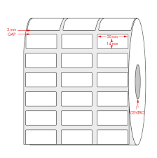[30X14TTP-DESK-ROLLO] ETIQUETA DE PAPEL, TRANSFERENCIA TÉRMICA, CON ADHESIVO ACRÍLICO PERMANENTE, EN MEDIDA 1.18”X 0.55” (3.0X 1.40cm) PARA IMPRESORA DESKTOP, ROLLO CON 9,000 ETIQUETAS, 3 AL PASO, CENTRO 1.5". MARCA NACIONAL.